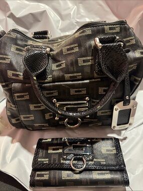 GUESS Black Logo Jacquard Satchel with Matching Wallet